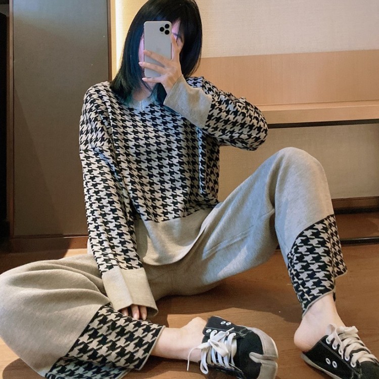 Autumn Winter Vintage Women Outfits Knit Houndstooth Pullover Sweaters + Wide leg pants Sets Woman Casual Fashion 2 Pieces Set 210519