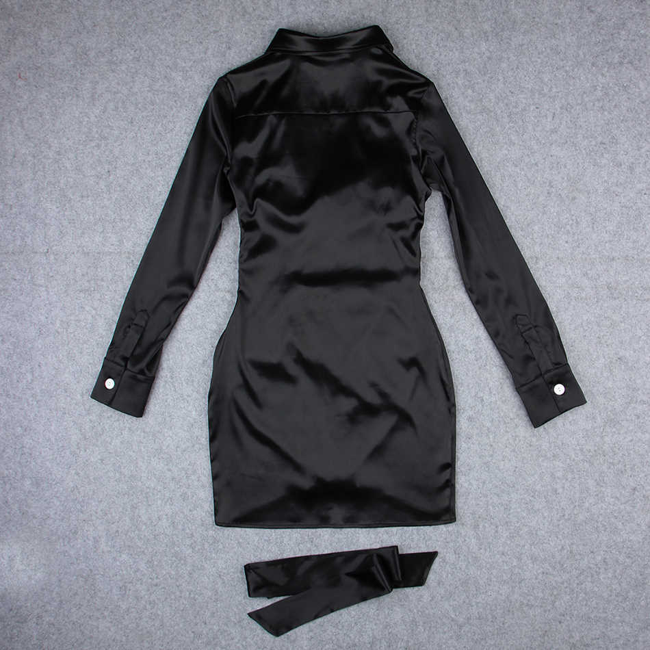 Women's Folding Mini Fashion Celebrity Satin Black Long Sleeve V-neck Birthday Club Wear Ladies Sexy Party Dress 210527