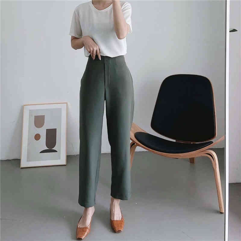 elegant women ankle length trousers fashion ladies stylish elastic waist pants female vintage green straight 210430