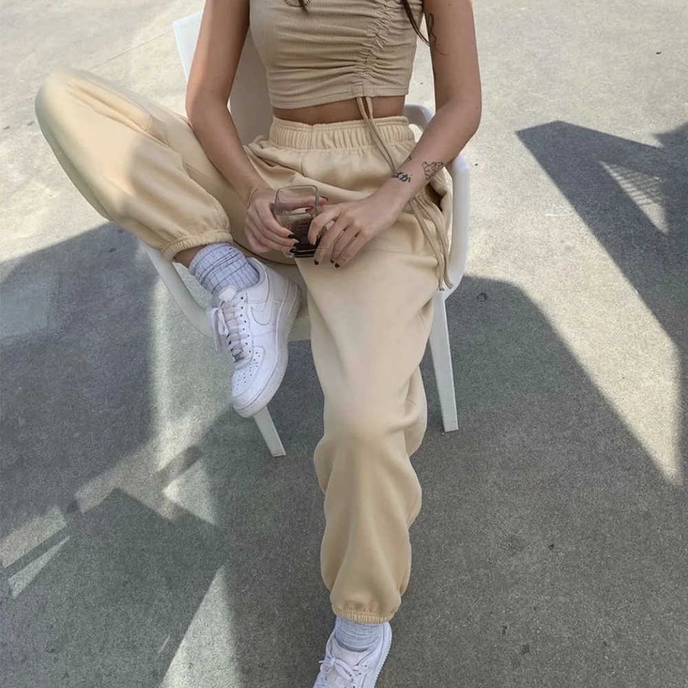 Fall Winter Women Long Trousers Loose Warm Hight-waist Elastic Wasitband Streetwear Fashion Casual Female Pants 210709