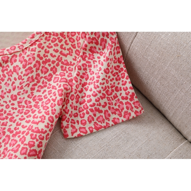 Slim girls vintage leopard short blouses summer fahsion ladies elegant bomb cotton shirts sexy female pink tops women chic 210317