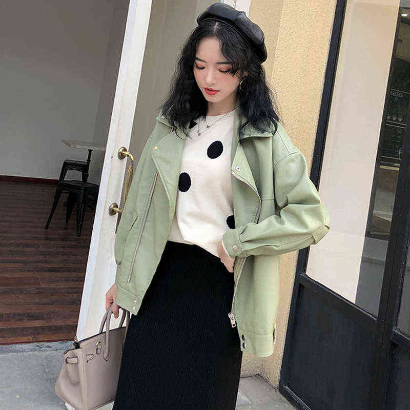 Fitaylor Autumn Faux Soft Leather Pu Jacket Women Loose Punk Coat Female Turndown Collar Moto Biker Rivet Zipper Street Overcoat 211130