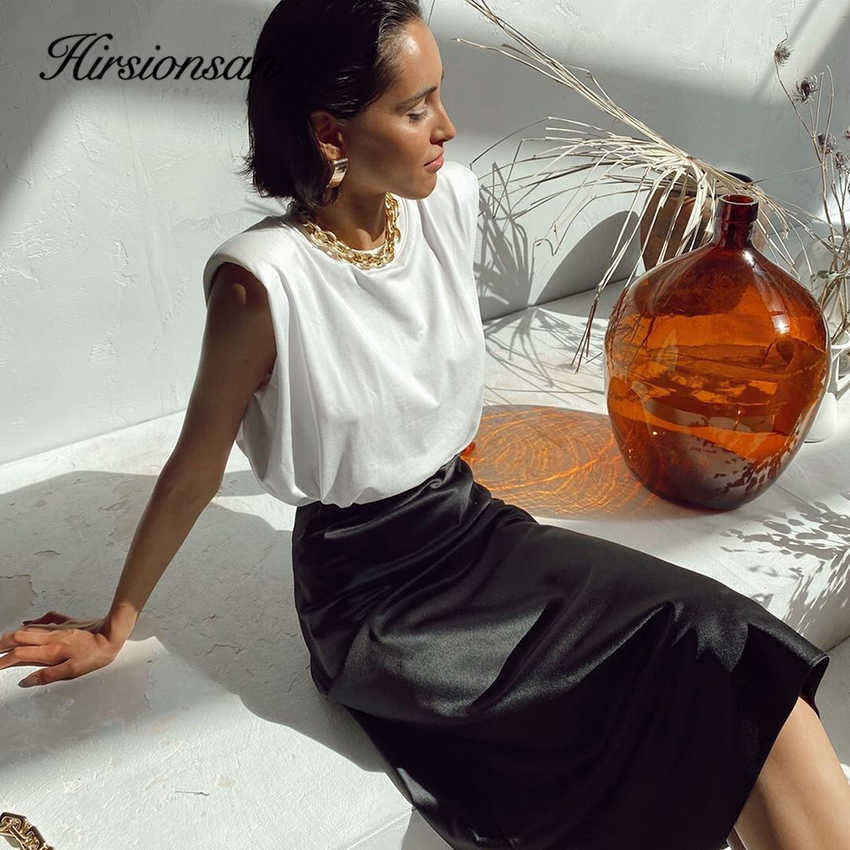 Hirsionsan Satin High Waist Skirt Soft Smooth Silk Office Lady Basic Midi Chic Elegant Glossy Long 210621