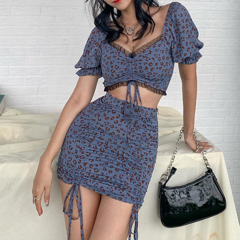 Two Piece Set Women Summer Outfits Bandage Mesh Short Sleeve Crop Top Leopard Blue And Skirt Club 2 Matching Sets Trendy Dress