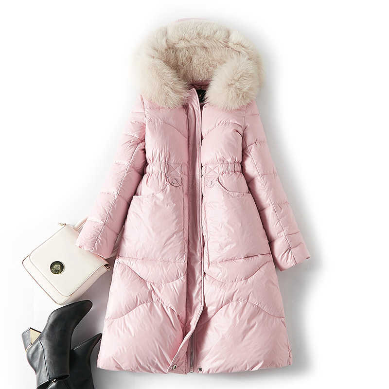 Women Winter Coat Natural Fur Hooded 90% White Duck Down Jacket Slim Long Parka Female Thick Warm Coats 211013