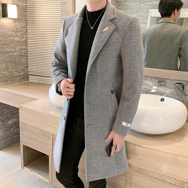 Mens Trench Coat Jacket Winter Wool Blends Coats Casual Men Overcoat Men Long Coat High Quality Business Formal Windbreaker 210527
