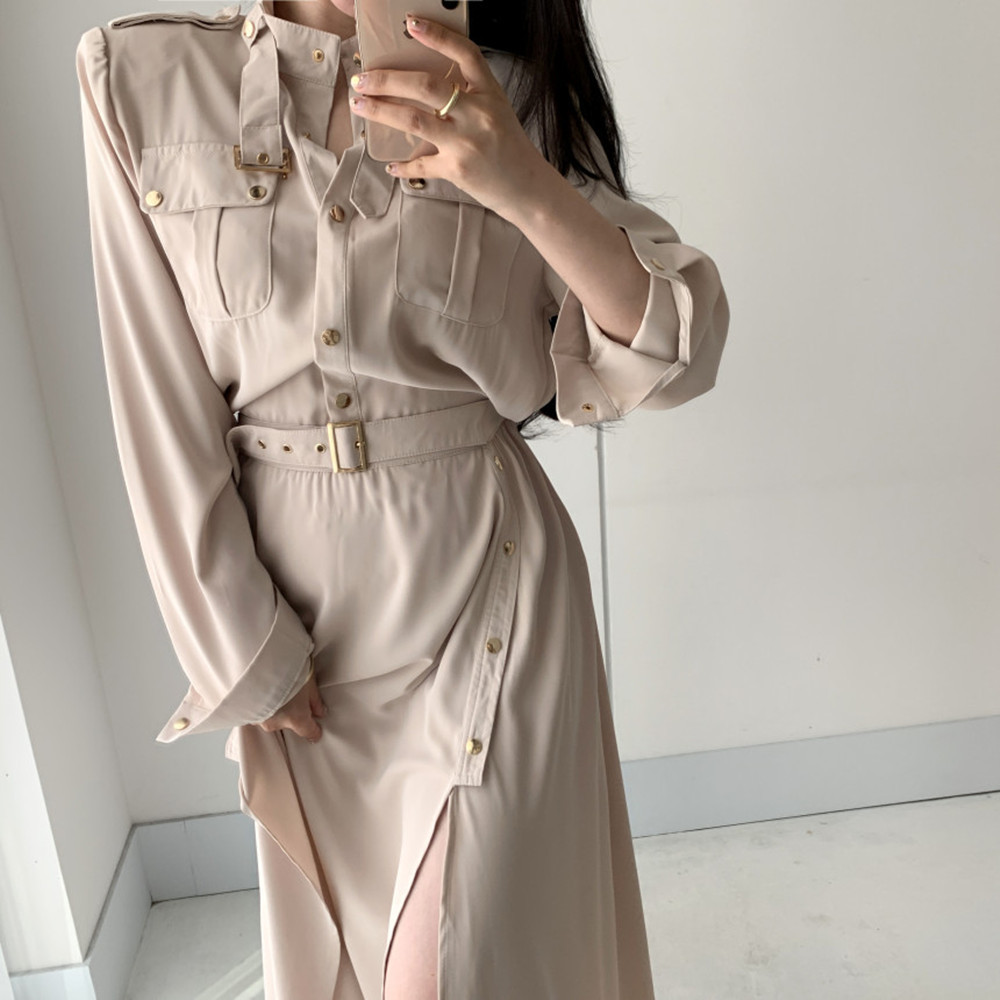 Women's Autumn Shirt Dresses High Waist Full Sleeve Casual Pocket Sexy Split Tie Up Long Vestidos 210520