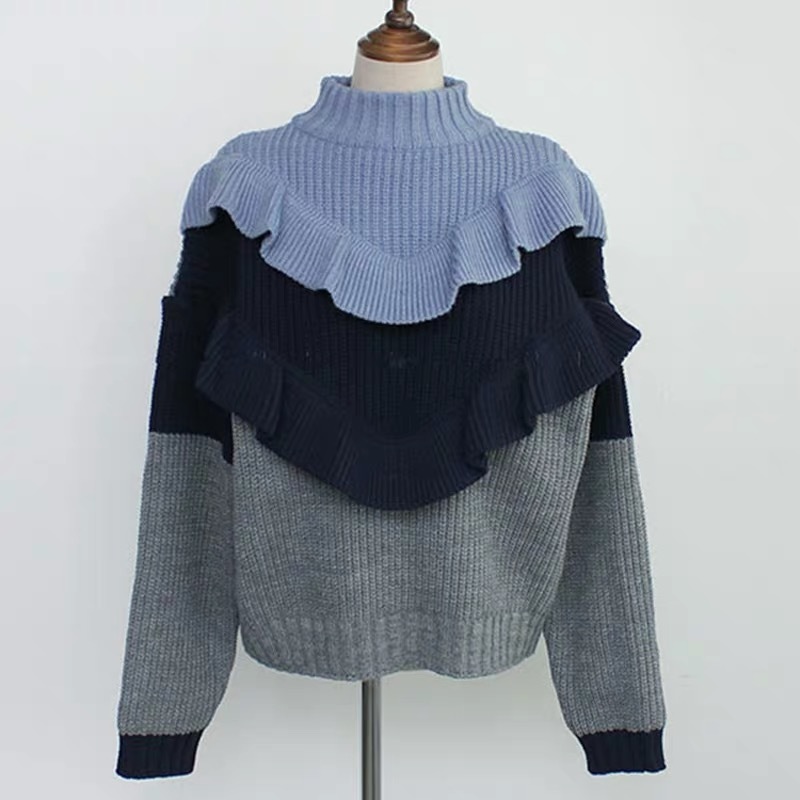 Woman Knit Ruffles Color Matching Long Sleeve Sweaters Loose Sweet Thicken Warm Pullovers Jumpers 210520