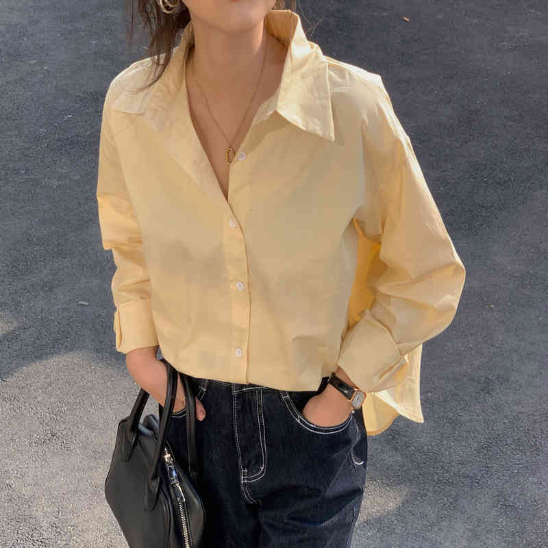 Korean Solid Women Shirt Tops Autumn Full Sleeve Single Breasted Blouses Loose Fashion Basic Female Blusas Femme 210514