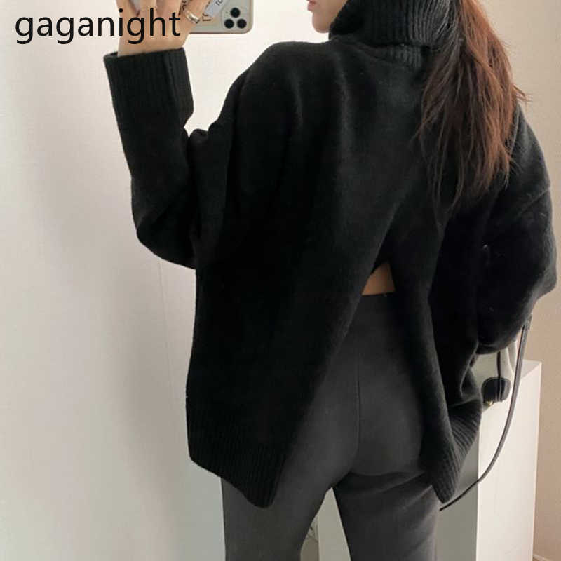 Fashion Solid Women Turtleneck Sweater Autumn Winter Warm Loose Pullovers Elegant Reversible Sweaters Split Female 210601