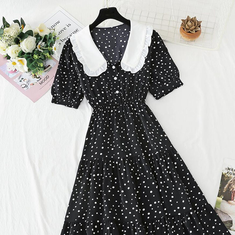 Vintage Polka Dot Print Women Dress Summer Female Elegant Short Sleeve Elastic waist Chiffon Dresses Sweet Vestidos 210521