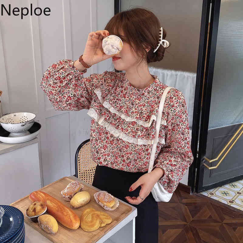 Neploe Korean Chic Vintage Shirt Stand Neck Loose Floral Blouses Women Lace Patchwork Ruffles Blouse Blusas Mujer De Moda 210422