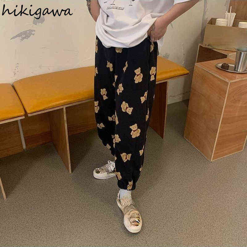 Hikigawa Cartoon Bear Sweatpants Women Streetwear Loose Straight Trousers High Waist Thicked Casual Wide Leg Pants 7z028 211115