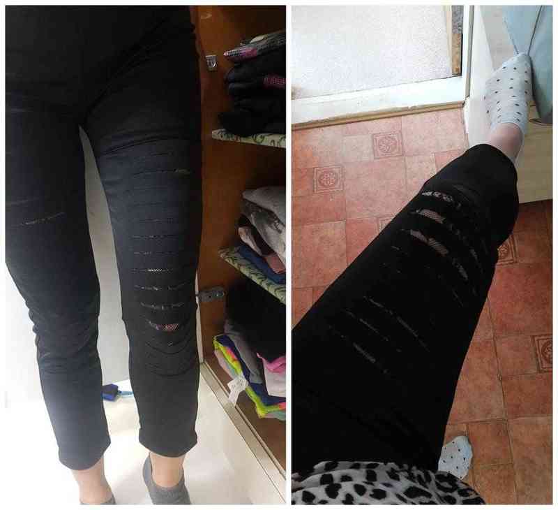 Women Fashion Style Sexy Lace Leggings Torn Ripped Hole Ankle Length Trousers Summer Pants Black XXL Plus Size 211204