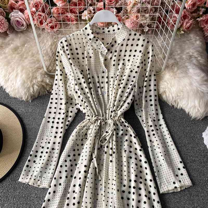 LoveFlowerLife Spring Autumn Vintage Polka Dot Floral Print Skim Dress Stand Collar Full Mid Calf High Waist Women Dresses 210521