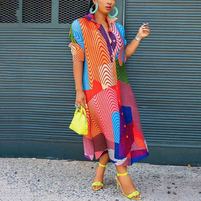 Autumn African Women Blouse Office Elegant Striped Long Sleeve Single Breasted Mid Calf Loose Fashion Business Work Wear Dresses 210510