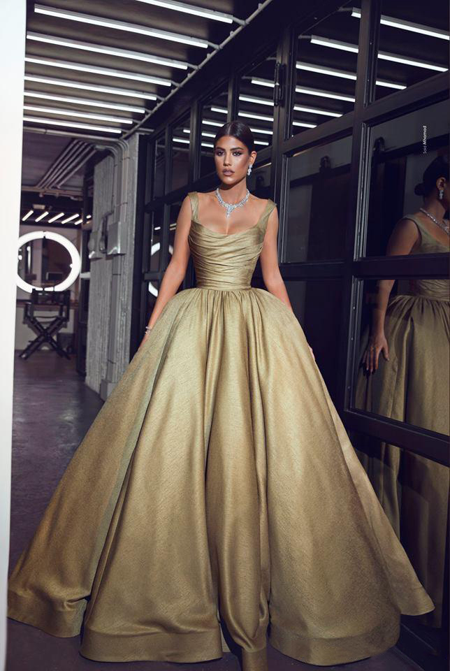 Gold Square Neck Evening Dresses Floor Length Prom Party Gown Ruched Ball Gown Formal Occasion Dresses