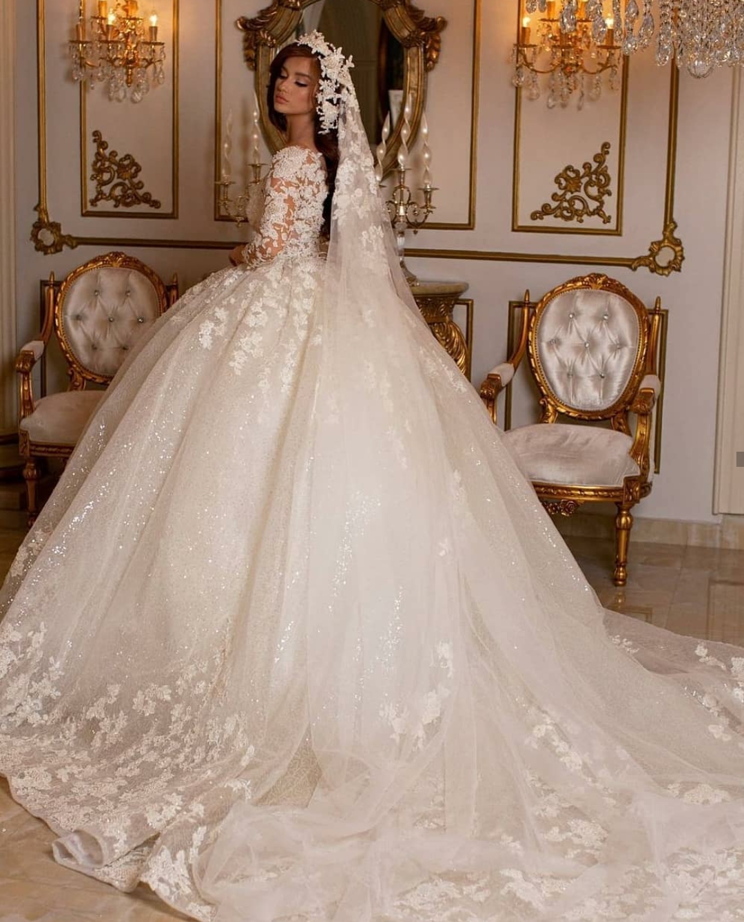 Stunning Long Sleeves Ball Gown Wedding Dresses Lace Appliques Deep V Neck Sequins Custom Made Bridal Gowns vestido de novia