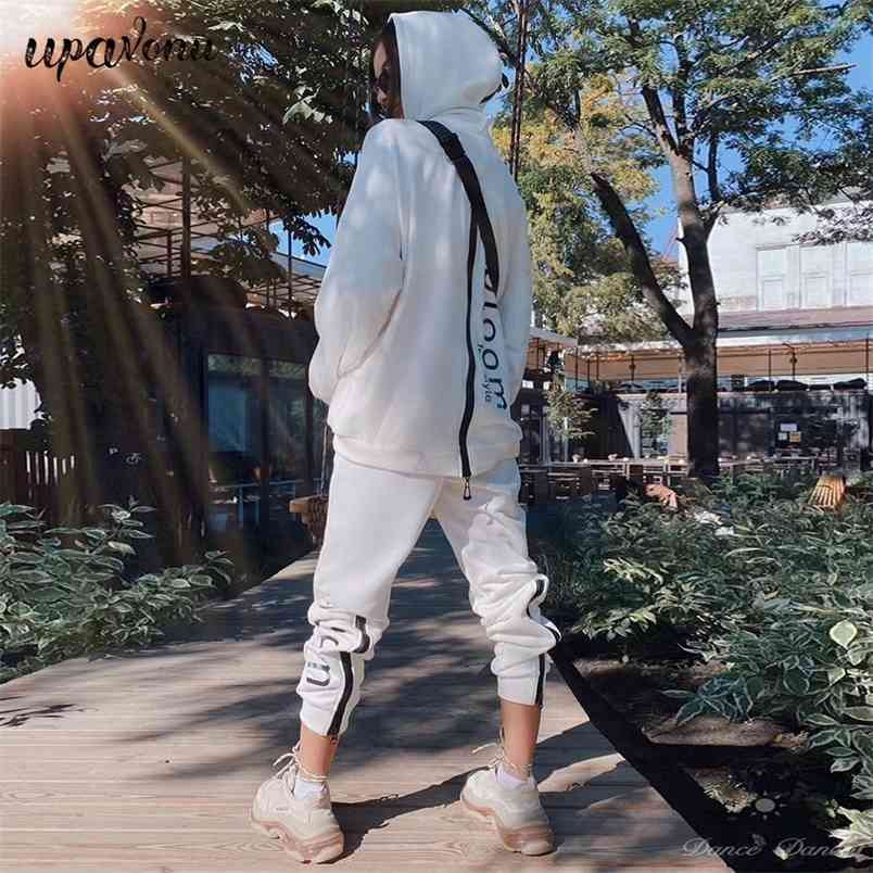 Free Women's Casual Letter Sweater Set Loose Hooded Sweatshirt Elastic Pants Zipper Sportswear 2 Two-piece Sets 210524