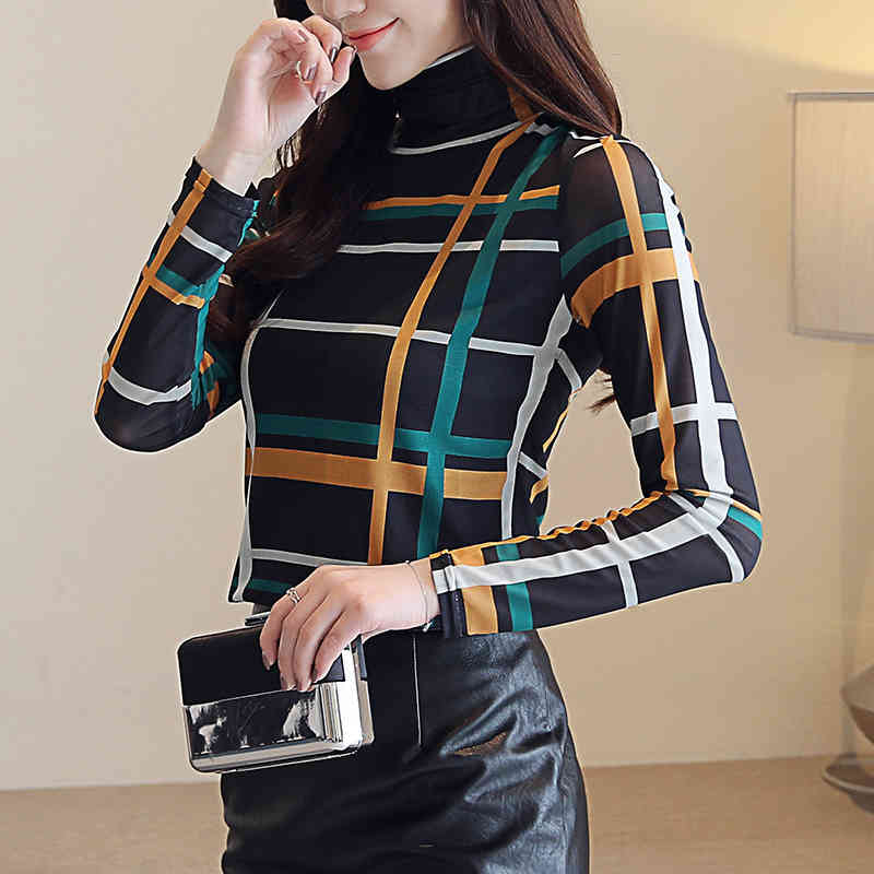 Womens Striped Plaid Tops and Blouses Long Sleeve Women Shirts Plus Size Turtleneck Blouse Blusas Mujer De Moda 1397 210518