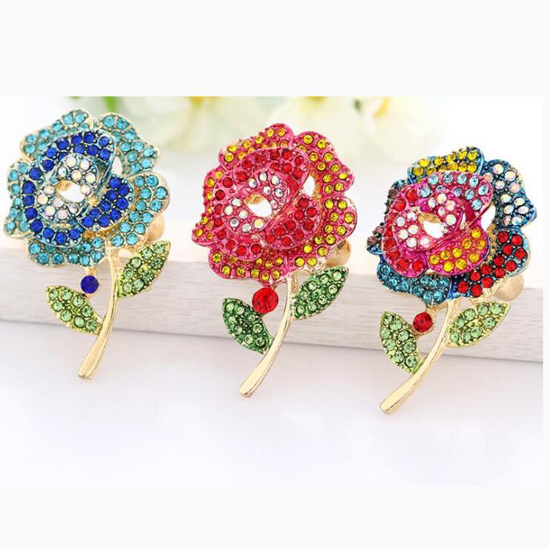 

Pins, Brooches 5cm*3.4cm Gold Tone RED GREEN Crystal Rose Flower Leaf Brooch Pin Wedding Accessories Decoration Bridal Bouquet