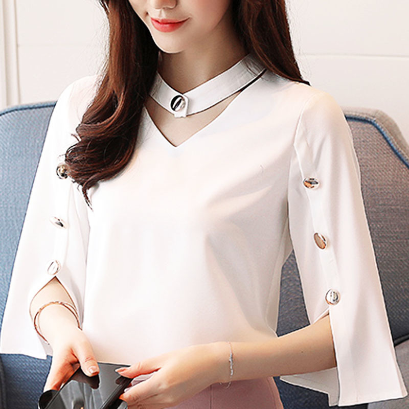 Women blouses ladies tops chiffon Beading Solid white shirts Three Quarter V-Neck blusas 2994 50 210427