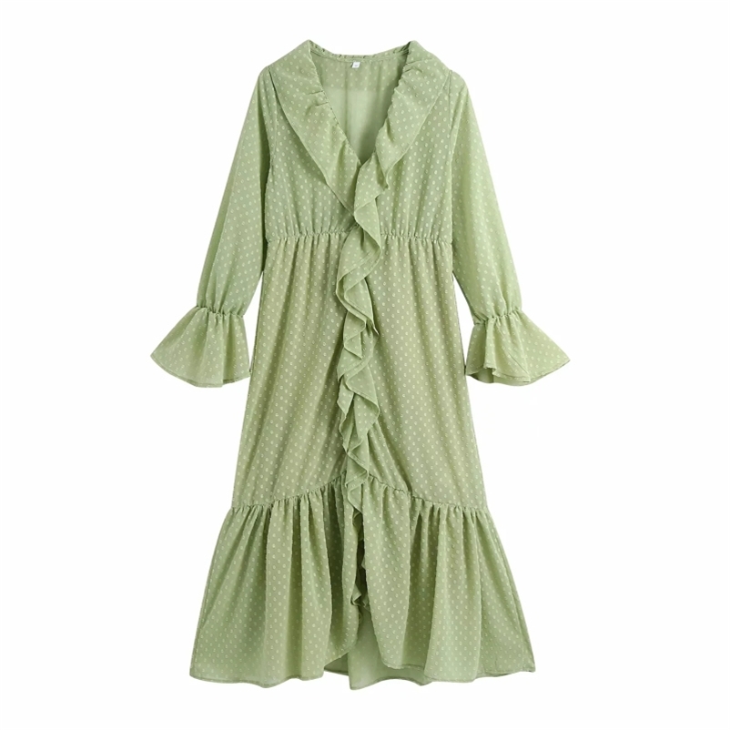 Casual Woman Green Oversized Ruffles V Neck Chiffon Long Dress Spring Fashion Ladies Loose es Female Sweet 210515