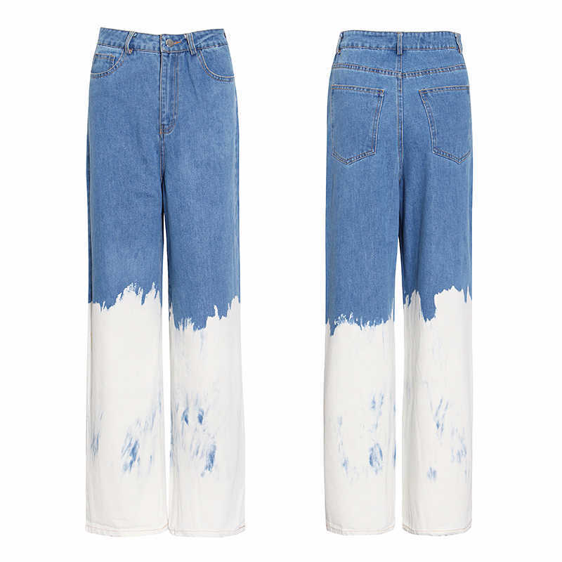 TWOTYLE Casual Loose Painted Women Full Length Jeans High Waist Hit Color Asymmetrical Denim Wide Leg Pants For Female 210809