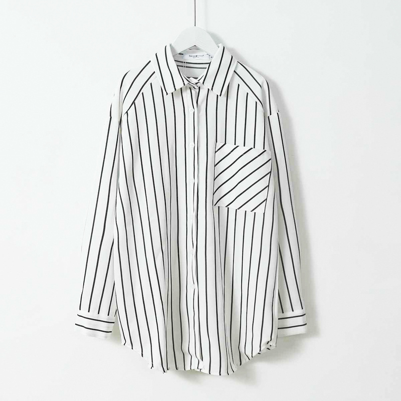 Spring Autumn Striped Women Shirt Tops Turn-down Collar Pocket Long Sleeve White Blouse Casual Loose Ladies 12574 210508