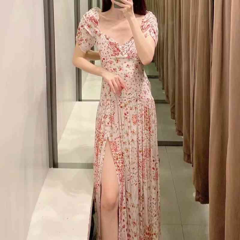 Summer Women Patchwork Print Side Slit Midi Dress Female Square Collar Puff Sleeve Clothes Casual Lady Slim Vestido D7728 210430Z