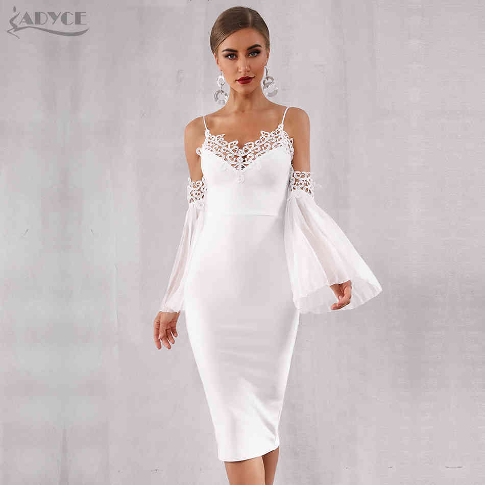 Autumn Women Bandage Dress Sexy Flare Sleeve White Lace Midi Vestidos Elegant Celebrity Evening Party 210423