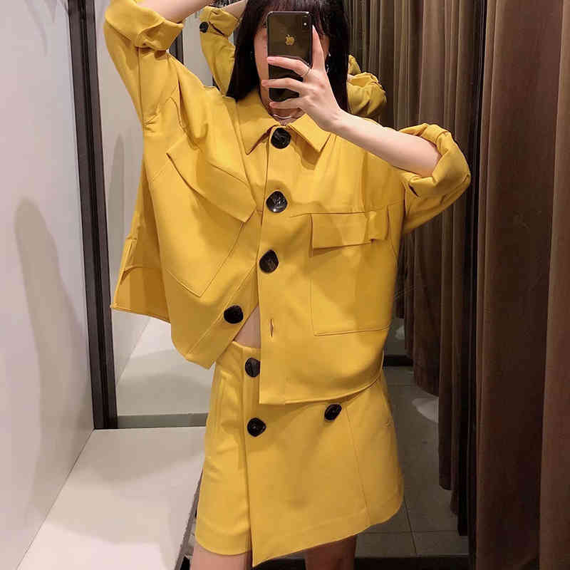 Women's Spring Jacket Long Sleeve Patch Pocket Shirt Coat Single-breasted Lapel Female Yellow 210521