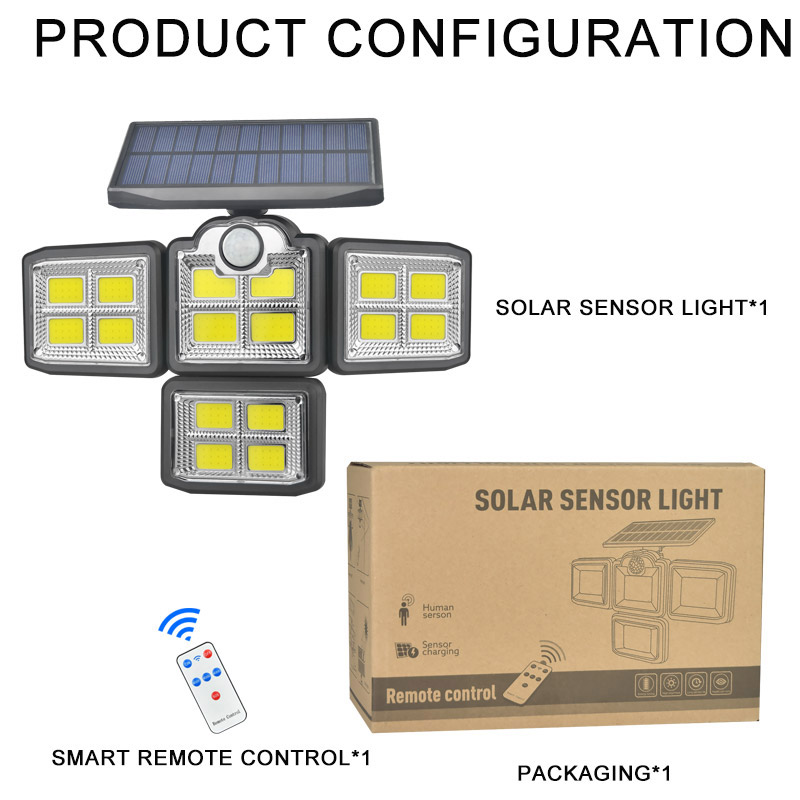 198 COB LED Solar Lamp Sensor Light Four-head Rotatable Garden Floodlight Wall Spotlight