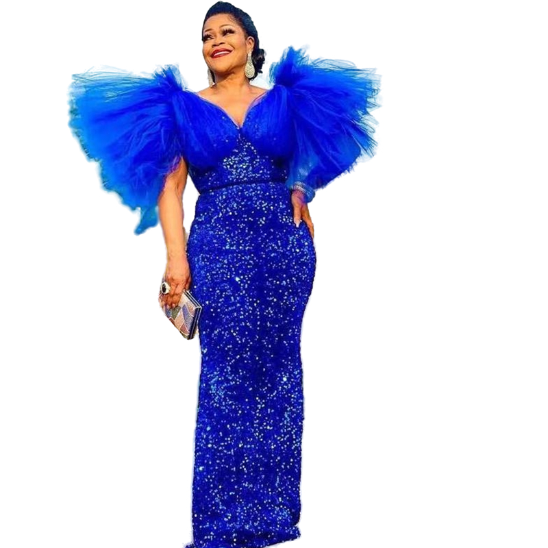 Aso Ebi 2022 Royal Blue Sheath Sequined Evening Dresses For Women Puffy Sleeves Glitter Long Formal Party Gowns Plus Size African Fitted Prom Dress Co