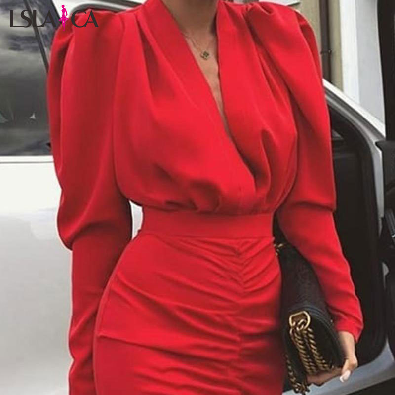 Lslaica Women's party dress street hipster red V-neck bubble long-sleeved fashion temperament Slim bodycon autumn 210515