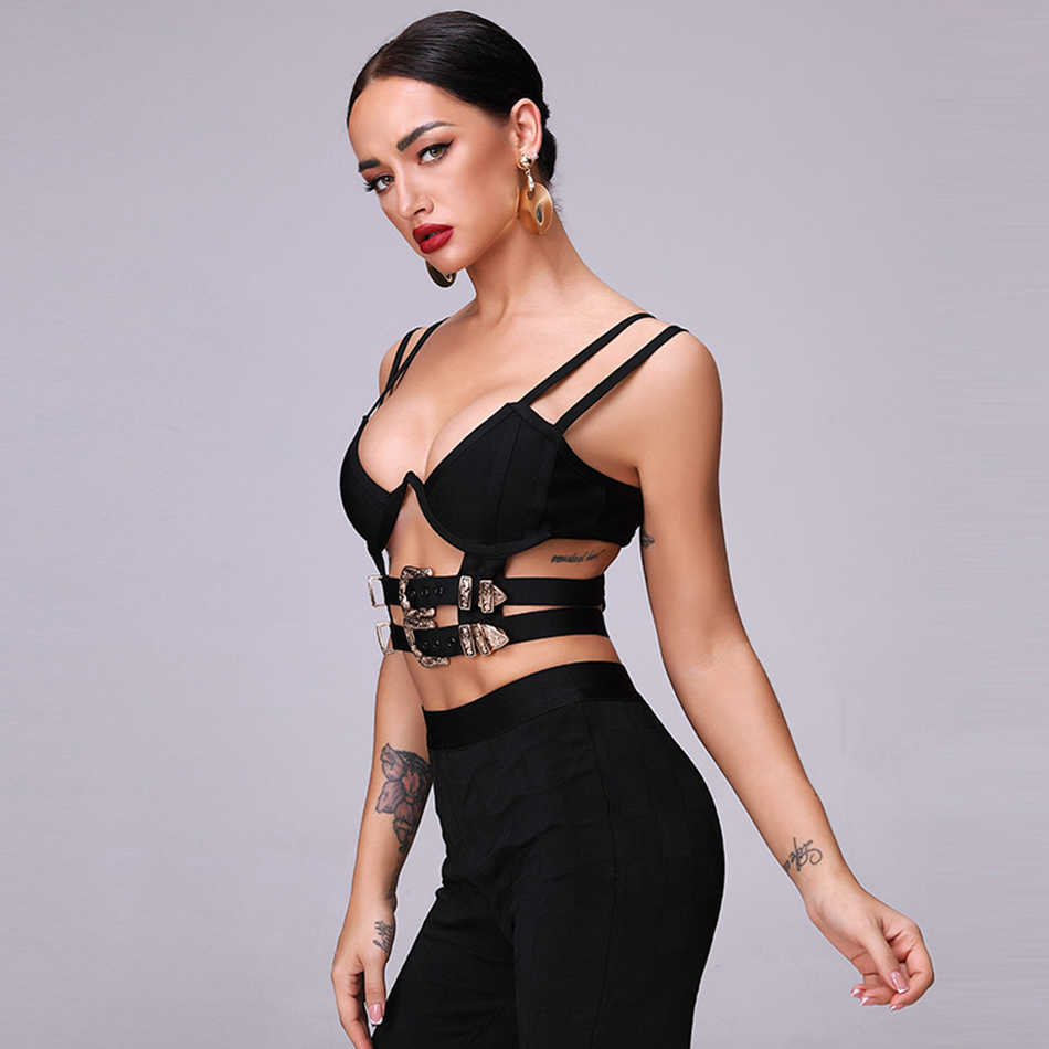 Metal Buckle Camisole Cropped Shirt Women's Short Jacket Black Sexy Hollow Backless Bandage Sleeveless Camisole Solid Color Vest 210625