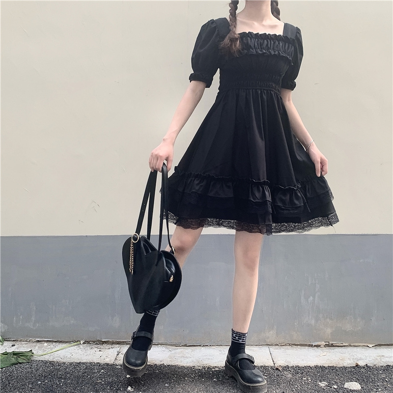Japanese Lolita Style Princess Black Mini Dress Square Collar High Waist Gothic Dress Puff Sleeve Lace Ruffles Party Dress 13242 210519