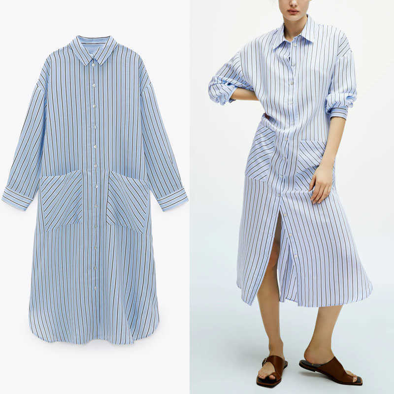 Za Striped Shirt Dress Women Long Sleeve Loose Irregular Summer Dress Fashion Patch Pocket Button Up Vintage Midi Dresses 210602, Blue
Za Striped Shirt Dress Women Long Sleeve Loose Irregular Summer Dress Fashion Patch Pocket Button Up Vintage Midi Dresses 210602, Blue