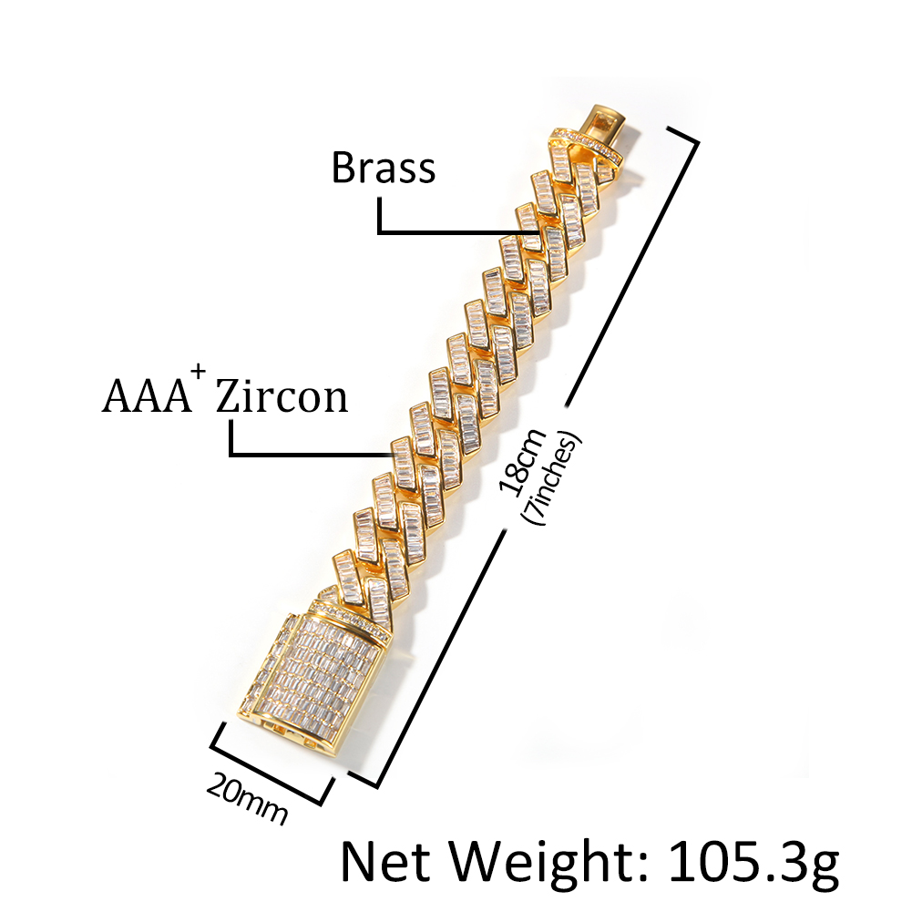 New Fashion 20MM Baguette Prong Cuban Link Necklace CZ Iced Out Chain Hip Hop Jewelry Luxury Bling White Gold Chain for Gift wholesale