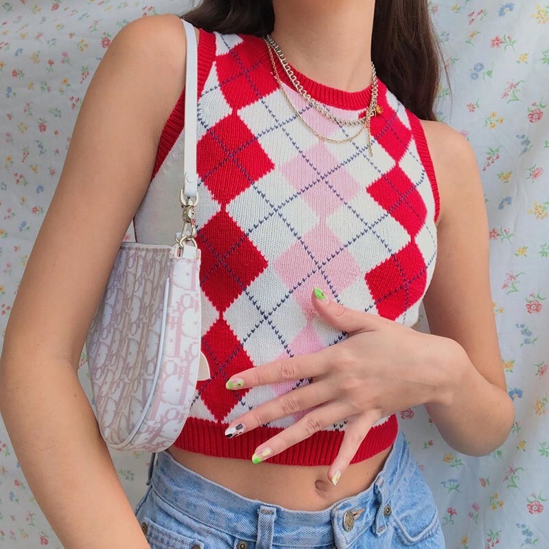 90s Red Argyle Plaid Knitted Sweater Vest Women Streetwear Preppy Style Korean Clothing Striped O Neck Tank Top Y2K Knitwear 210429