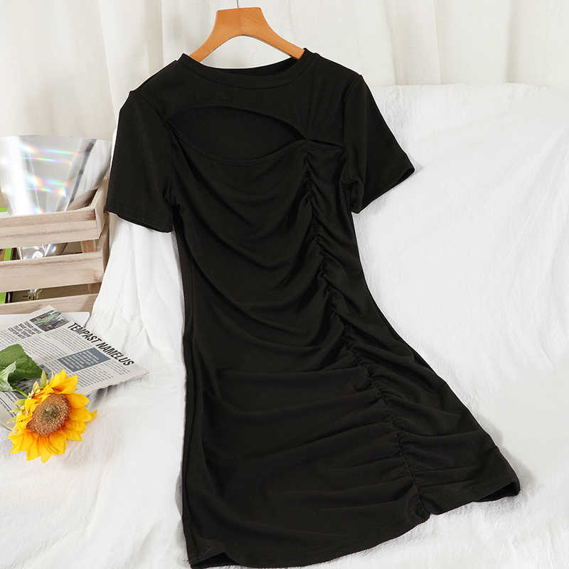 DEAT Women Slim O-neck Dress Fashion Spring Summer Ladies Hollow Out Short Sleeve Dress HR370 210709