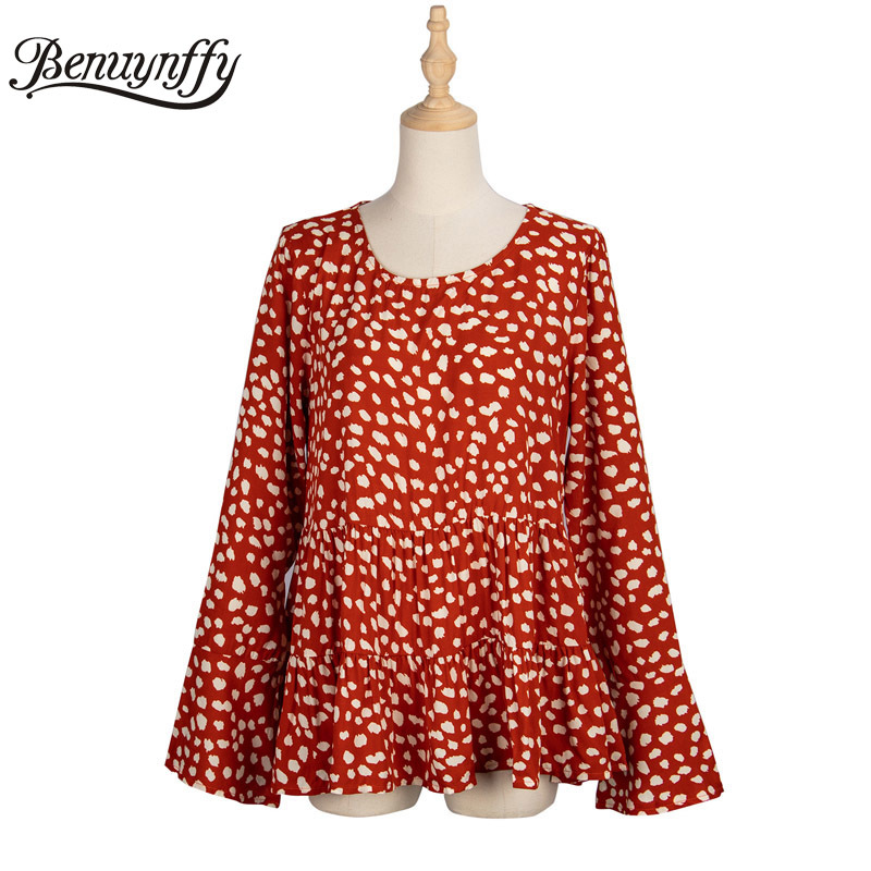 Casual Dot Print Long Sleeve Blouse Women Autumn Round Neck Pleated Shirts Female Clothes Loose Tops and Blouses 210510