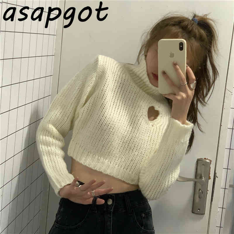 Solid Long Sleeve Red Turtleneck Pullovers Sweater Women Loose Love Heart Hollow Out Knitted Top Short Chic Fashion Korean Pull 210429