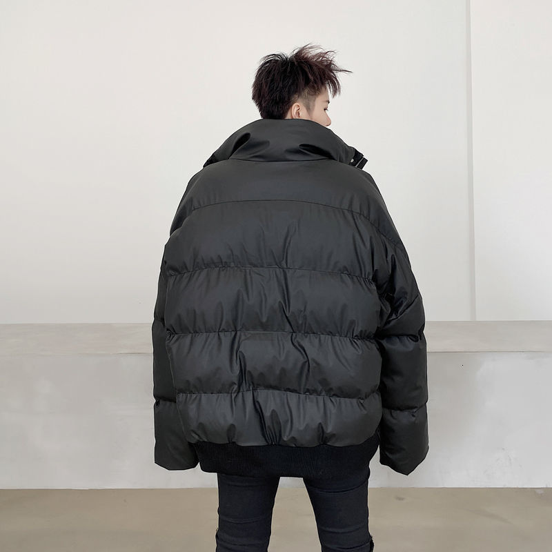 IEFB Winter PU leather back folded cotton padded jackets for men loose stand collar oversized clothes black coat 9Y4434 210524