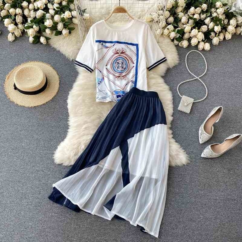 European women' short-sleeved T-shirt wild high-waist design sense color matching skirt suit summer 210525, White
European women' short-sleeved T-shirt wild high-waist design sense color matching skirt suit summer 210525, White
