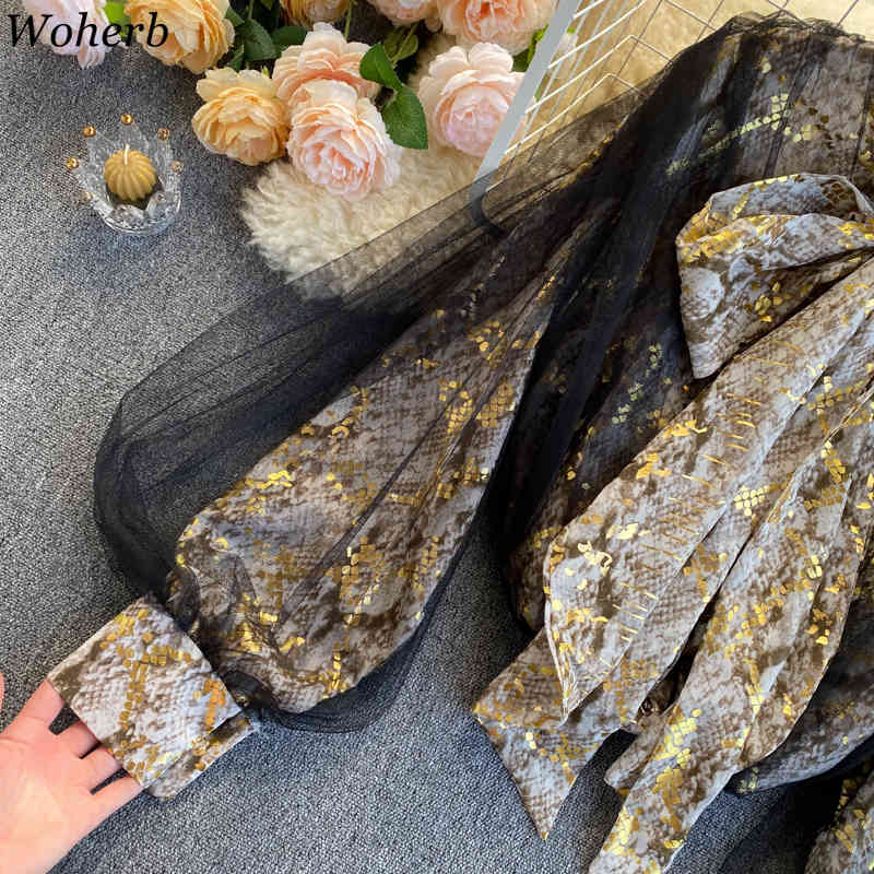 Vintage Snakeskin Prints Blouse Women Patchwork Gauze Lantern Sleeve Temperament Shirts Lace Up Bow Blouses Tops 4H024 210519
