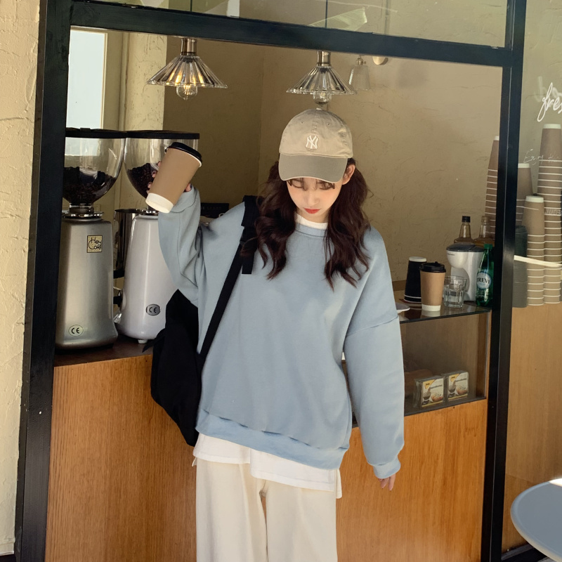 Solid O-neck Pullovers Hoodie Woman Korea Long-sleeved Loose Sweatshirts Women Casual Plus Cashmere Women's Winter Tops 210515