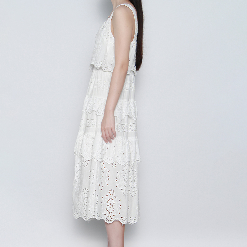 White Hollow Out Women's Dress Square Collar Sleeveless High Waist Ruched Elegant Dresses Female Clothing 210520