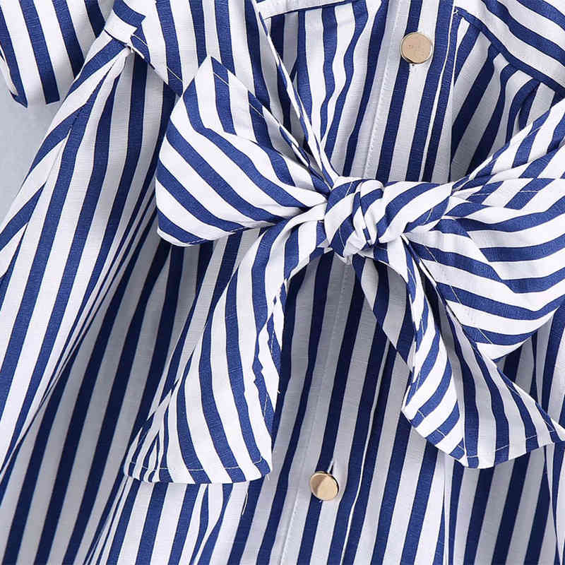 Casual Women V Neck Bow Lace Dress Summer Fashion Ladies High Street A-line Female Stripe Draw Back 210515