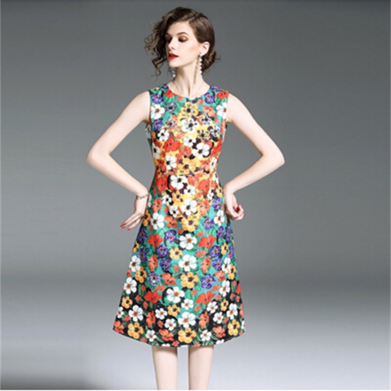 High Quality Runway Summer Jacquard Dress Women Printed Sleeveless Dresses Vestidos 210520